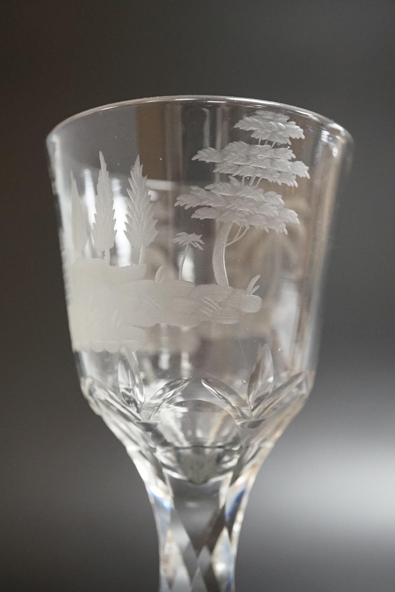 Two faceted wine glasses, c.1780, both with engraved bowls, tallest 15.5cm
